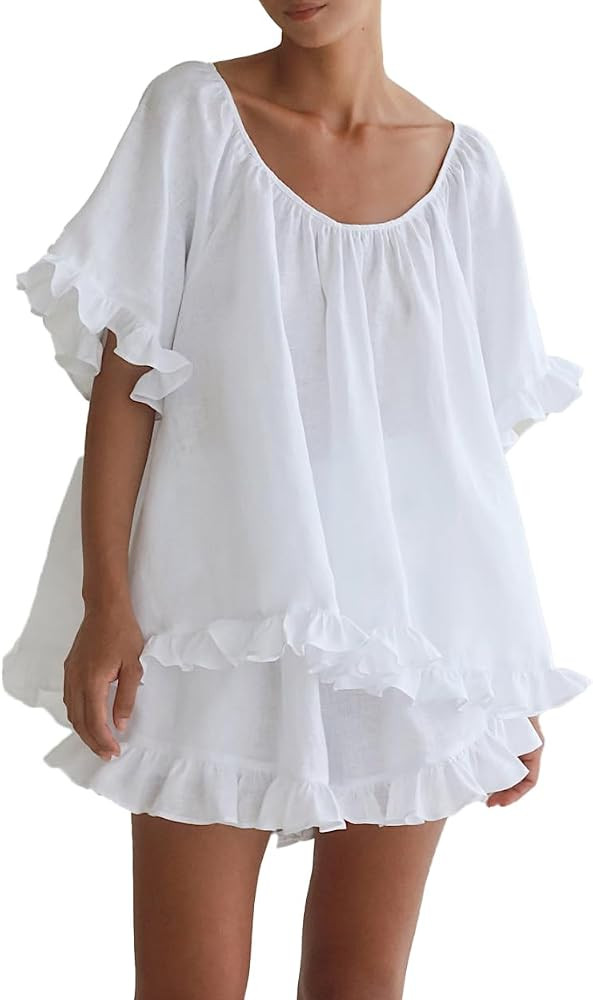 Women Summer 2 Piece Set Fashion Short Sleeve Ruffle Trim Top and Shorts Set Cotton Pajama Sets | Amazon (US)