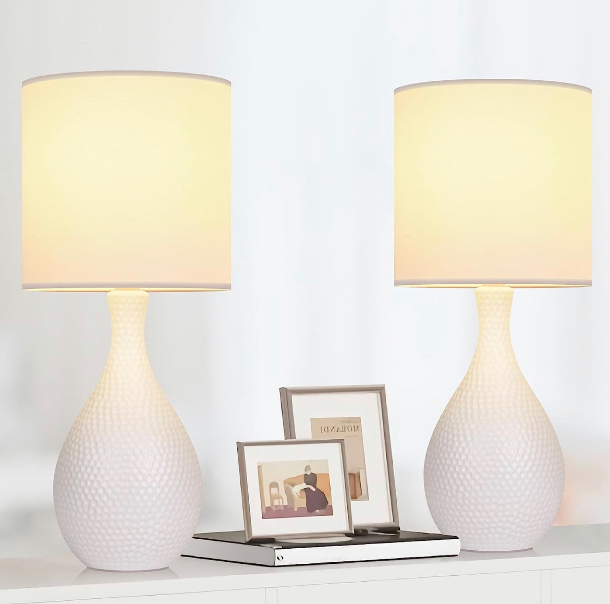 16.6in Ceramic Table Lamps Set of 2, Modern White Lamps for Living Room End Table, Bedside Nightstand Lamps for Bedroom Dorm Office