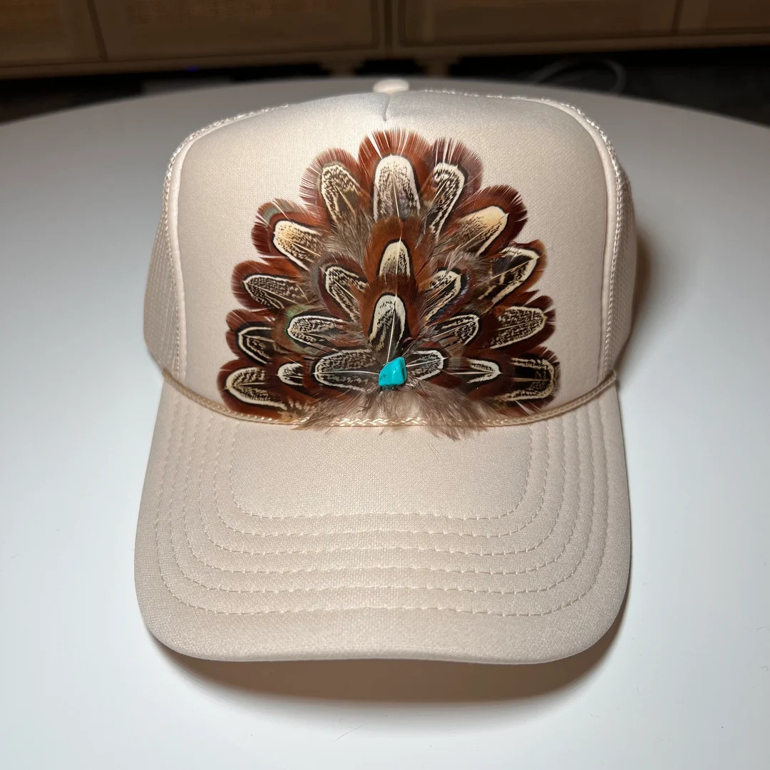 FEATHER Trucker Hat Turquoise Stone Embellished Trucker Hat Tan - Etsy | Etsy (US)