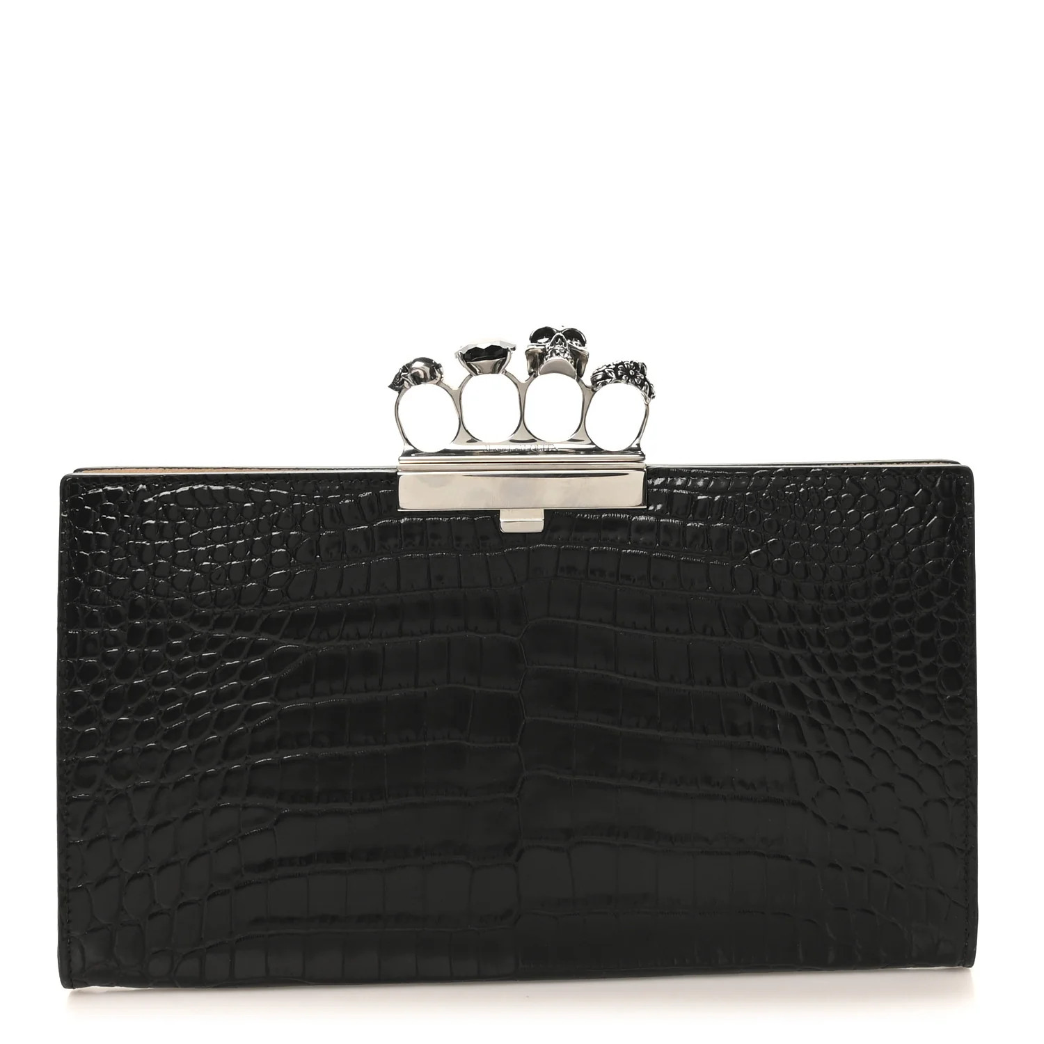 Calfskin Crocodile Embossed Knuckle Flat Clutch Black | FASHIONPHILE (US)