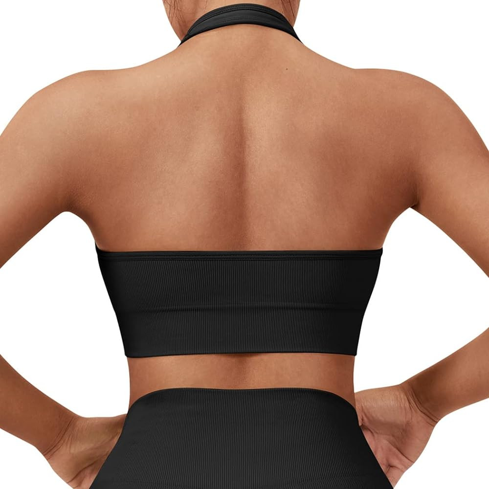 SUUKSESS Women Seamless Halter Sports Bra Open Back Padded Workout Crop Tank Tops | Amazon (US)