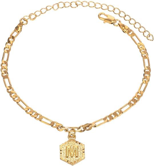 kelistom Initial Charm 5mm Wide Figaro Chain 18K Gold Plated Bracelet for Women Men Teen Girls Bo... | Amazon (US)