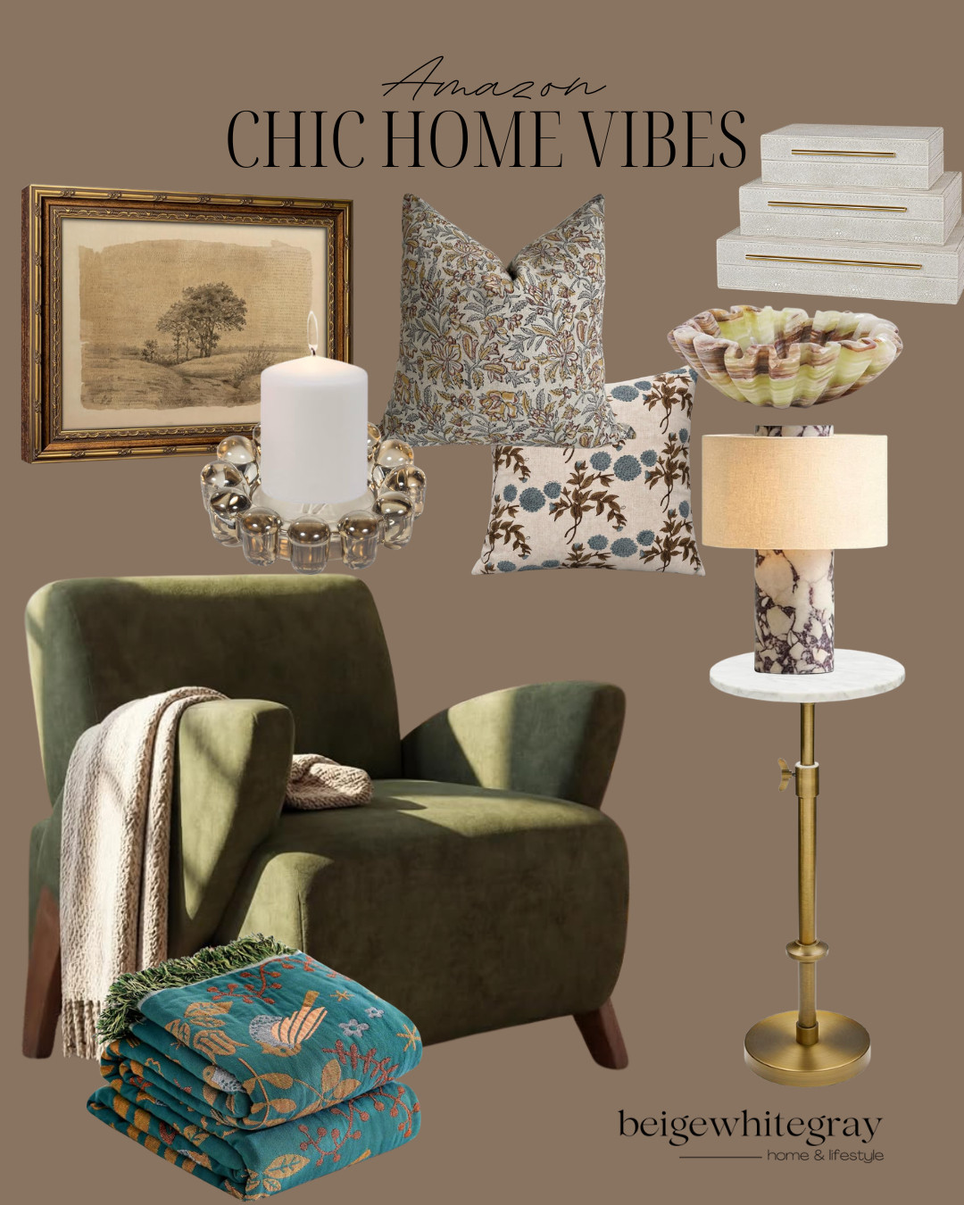 Amazon home decor, chic Amazon home finds, Amazon home favorites, elevated home decor, designer inspired Amazon finds, cozy home decor, affordable luxury home decor, fall home decor, vintage inspired home decor, decorative throw pillows, olive green accent chair, marble table lamp, decorative boxes, scalloped bowl, vintage wall art, cozy throw blanket, living room decor ideas, Amazon living room finds, traditional home decor, collected home style

#LTKHome
