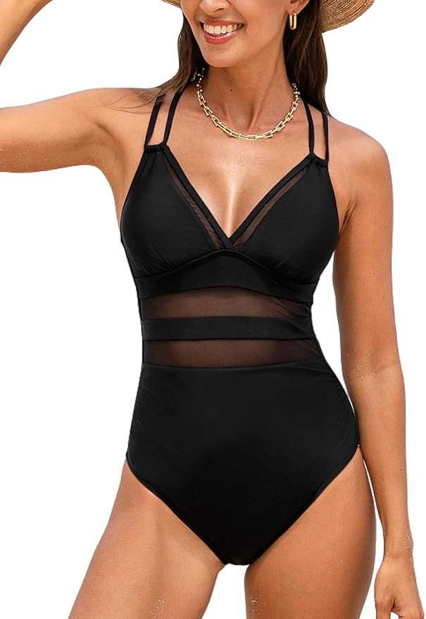 CUPSHE Women's One Piece Swimsuit Deep V Neck Tummy Control Mesh Cutout Adjustable Straps | Amazon (US)