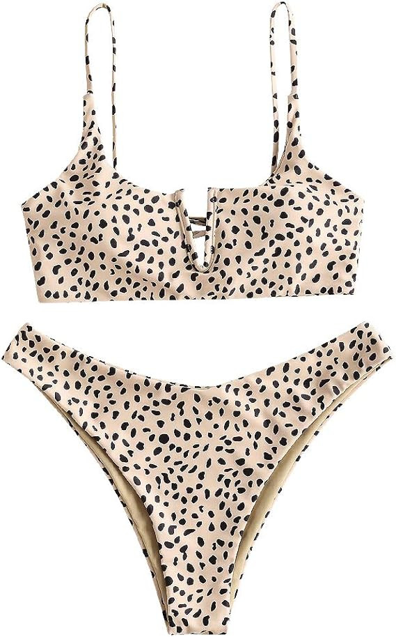 ZAFUL Women's Leopard Bikini Set V Wired Animal Print Ribbed Colorblock Swimsuit High Cut Two Pie... | Amazon (US)