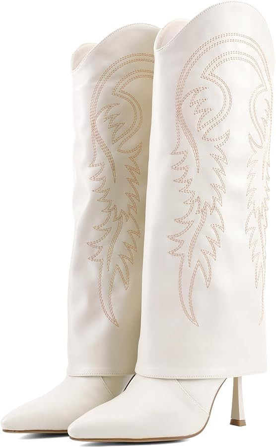 Knee High Cowgirl Boots for Women, Western Fold Over Stiletto Heel, Pointed Toe Pull-On Boots wit... | Amazon (US)