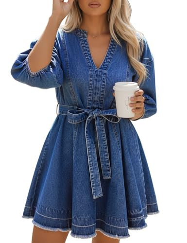 BISUAL Womens Denim Dress Casual Jean Dress Loose Fit Slim Denim Dress Belt Denims Dresses for Women 2025 with Pocket Dark Blue US M | Amazon (US)