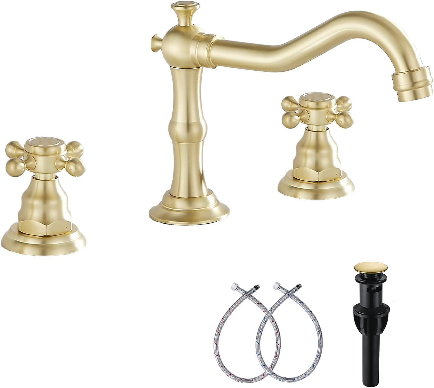 Brushed Gold Bathroom Faucet GGStudy 2 Handles 3 Holes Widespread Bathroom Sink Facuet Farmhouse Washingroom Faucet Mixer Tap | Amazon (US)