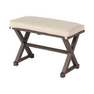 Mix and Match Farmhouse 2-Person Steel Outdoor Patio Bench with Tan Cushion | The Home Depot