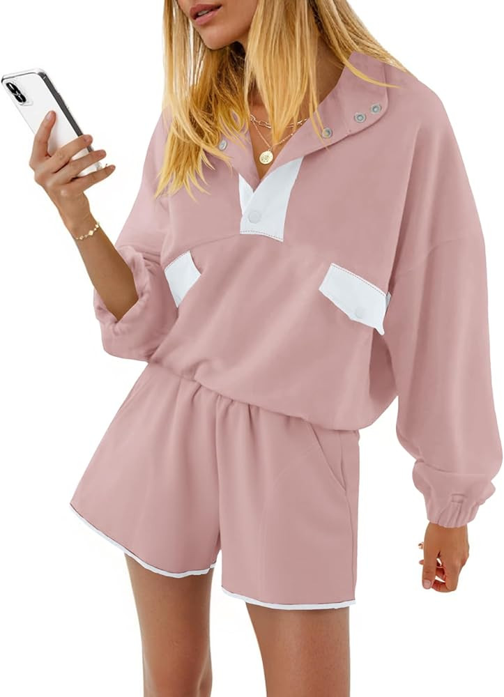 Fisoew Womens 2 Piece Sets Sweatsuits Casual Half Button Color Block Sweatshirts Running Shorts T... | Amazon (US)