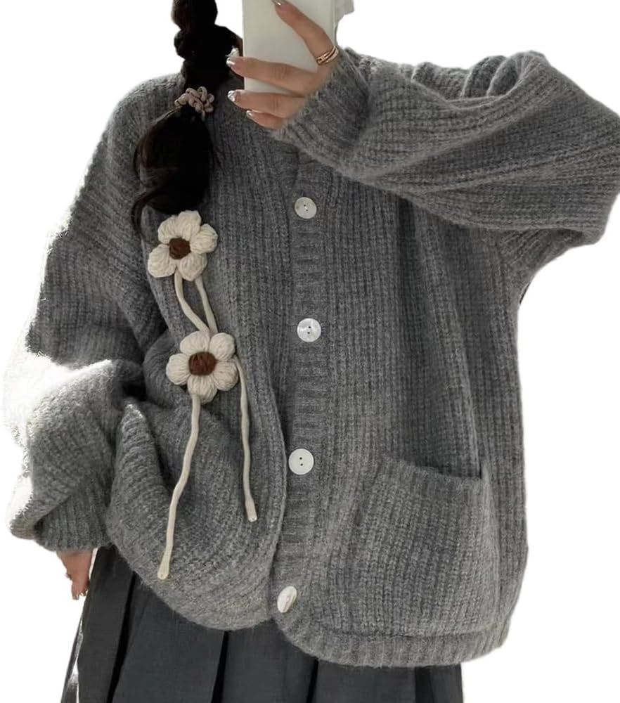 Women's Y2K Kawaii Oversized Cardigan Cottagecore 3D Flower Knitted Sweater Aesthetics Long Sleeve Button Up Top | Amazon (US)