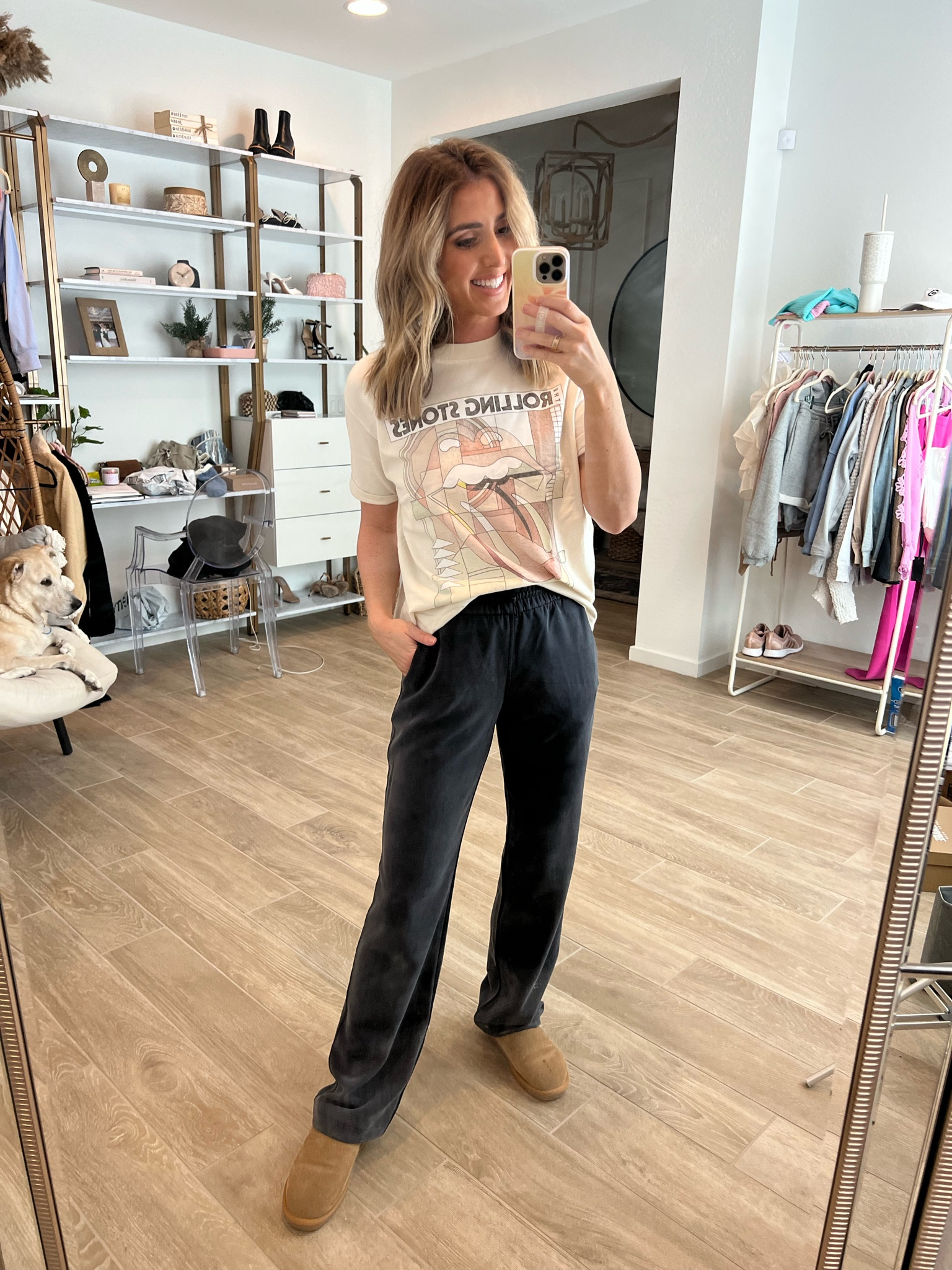 Sweatpants are the lululemon softstream sweatpants and I love them so much! Wearing size 4 (my true size in lululemon) and my graphic tee runs a little big. Wearing XS. Slippers are an Amazon find and run tts 

#LTKstyletip #LTKshoecrush #LTKunder100