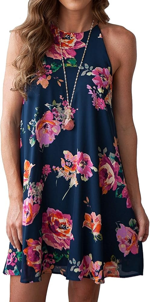MITILLY Women's Halter Neck Boho Floral Print Chiffon Casual Sleeveless Short Dress Medium Dark B... | Amazon (US)