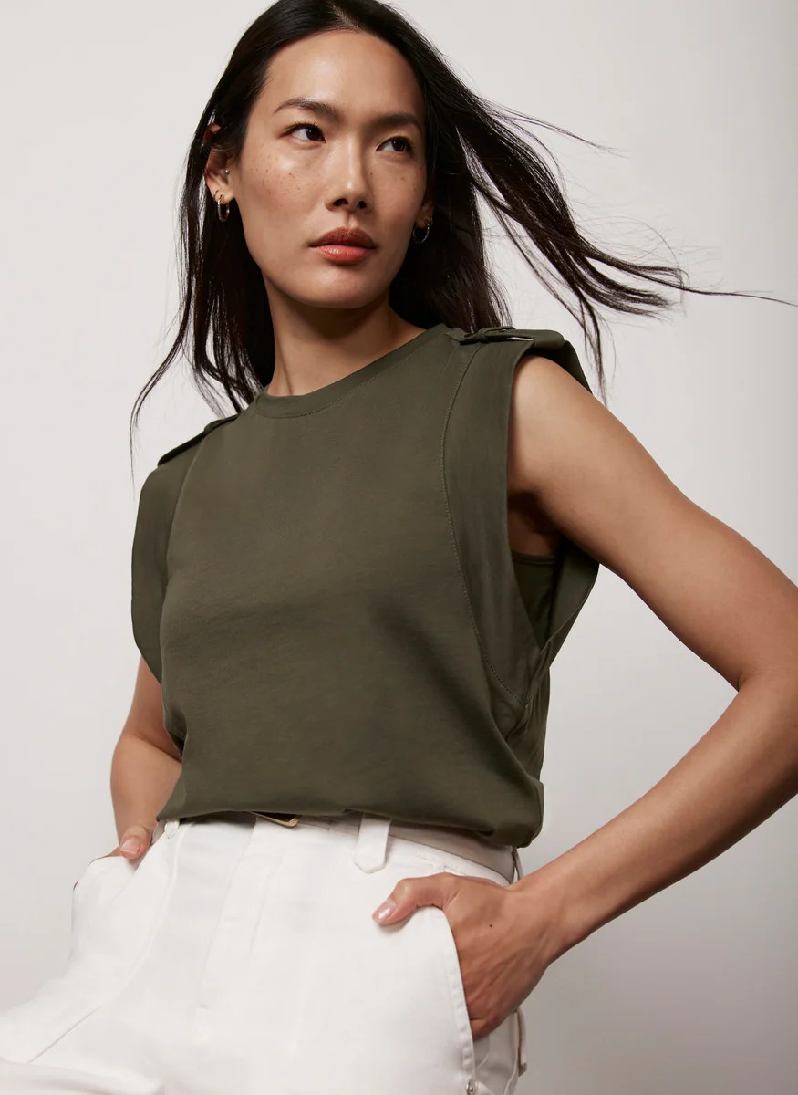 Khaki Cotton Utility T-Shirt | Mint Velvet
