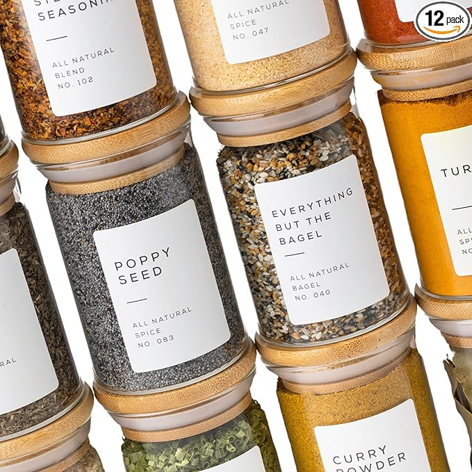 Empty Spice Jars with Label Pack (12x Bamboo Lid Glass Jar). Small 6oz Spice Storage Bottles with... | Amazon (US)