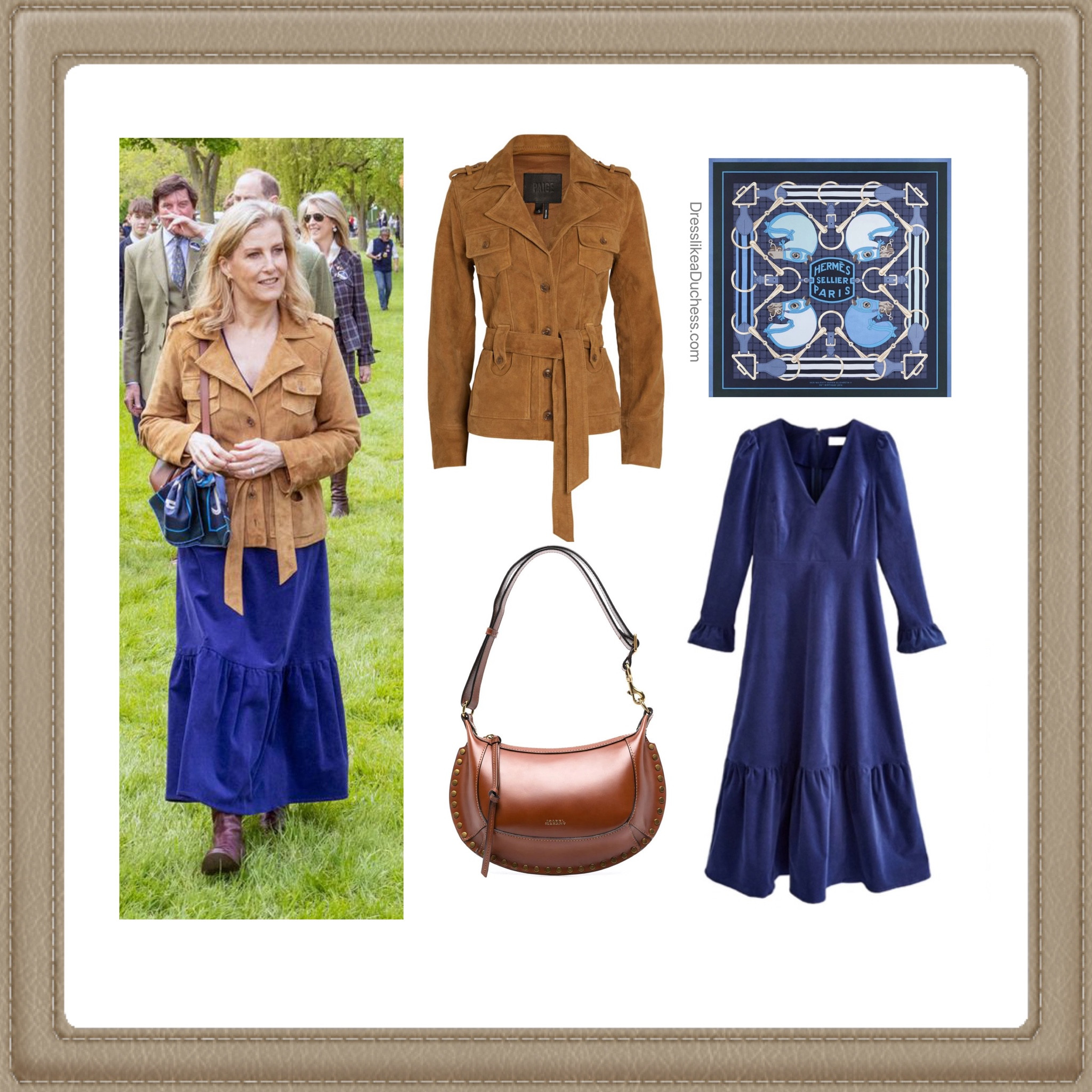 Duchess of Edinburgh Sophie Wessex at Day 4 Windsor Horse Show May 4, 2024 wearing Aspiga Victoria Corduroy dress in Atlantic blueberry, Paige tawnie biker jacket, Isabel Marant Oskan purse, Hermes 2016 Elizabeth birthday scarf 