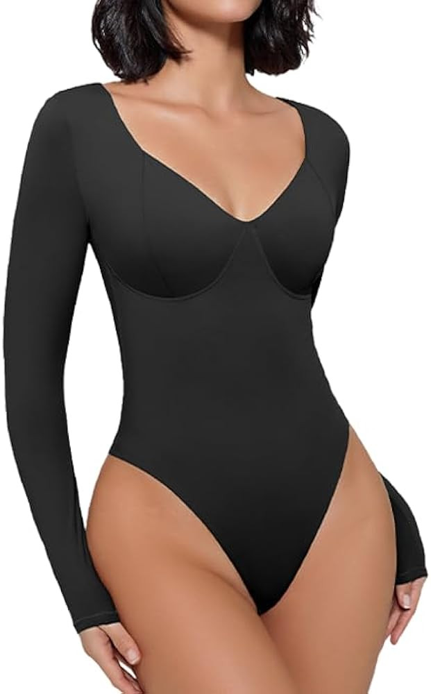 Avidlove Bodysuit for Women Long Sleeve Double Lined Tank Top V Neck Bodysuit Tummy Control Shape... | Amazon (US)