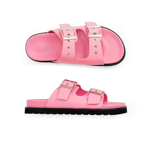 Easyfox Pink Flat Sandals for Women Pink Slide Sandals Double Buckle Adjustable Sandals Open Toe Slip On Platform Sandals Size 7 | Amazon (US)
