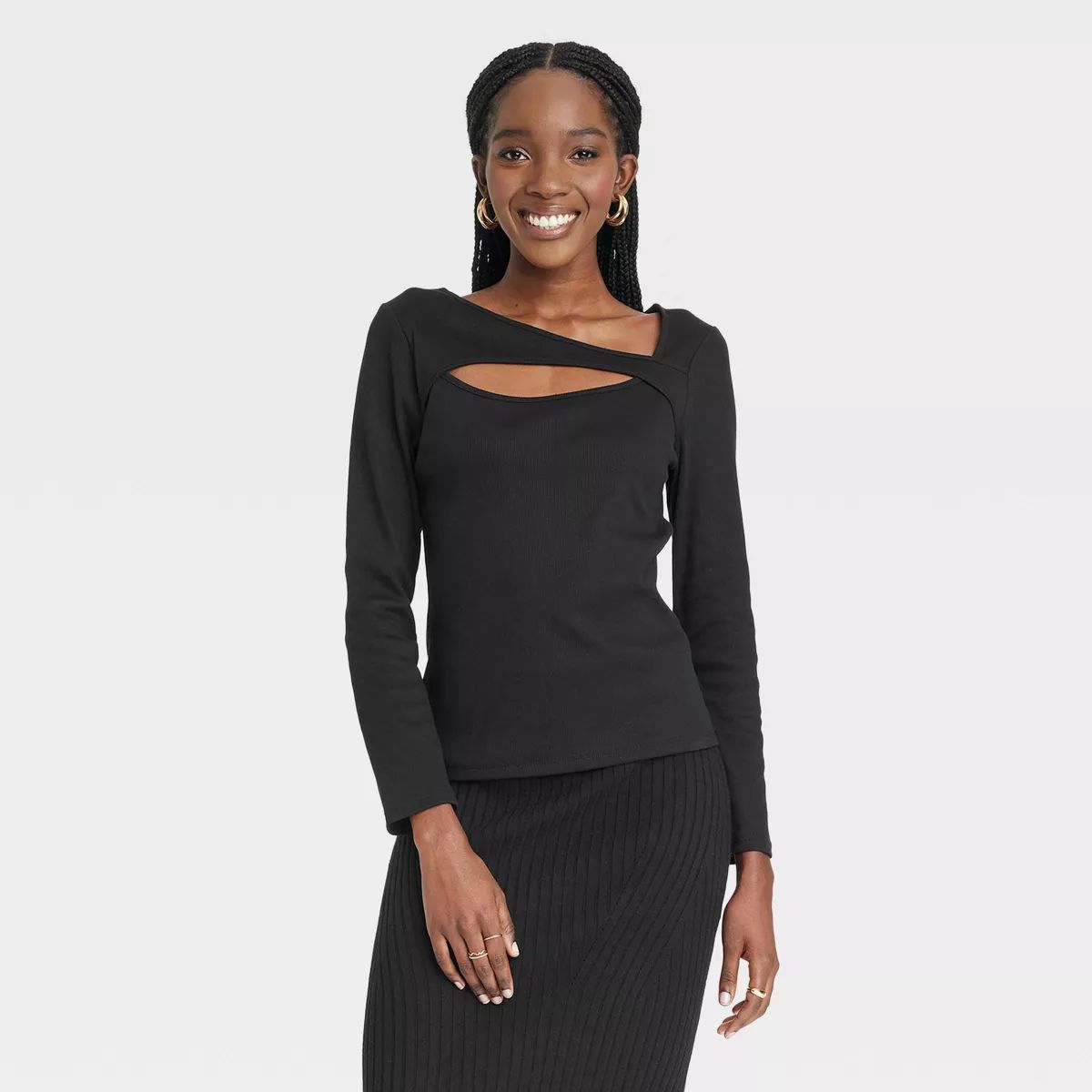 Women's Slim Fit Ribbed Long Sleeve Cut-Out T-Shirt - A New Day™ | Target