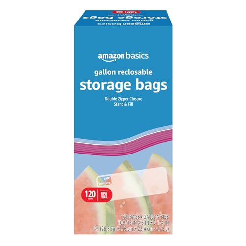Amazon Basics Reclosable Gallon Food Storage Bags with Double Zipper Seal, Stand and Fill Base, BPA Free, 120 Count | Amazon (US)