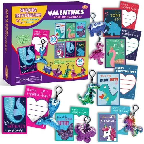 ATFUNSHOP 30 Pack Valentines Day Cards for Kids with Sequin Keychains Valentine Gift for Kids Classr | Amazon (US)