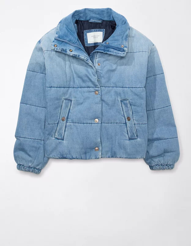 AE Denim Cropped Bomber Puffer Jacket | American Eagle Outfitters (US & CA)