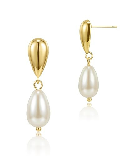 Teppdfann 14K Gold Plated Teardrop Pearl Dangle Earrings for Women Dainty Earrings for Brides Wedding | Amazon (US)
