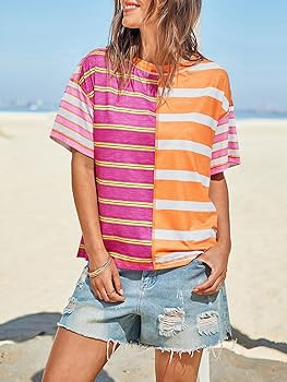 Tankaneo Womens Summer Striped Shirts Casual Color Block Short Sleeve Tops Loose Fit Crew Neck Te... | Amazon (US)
