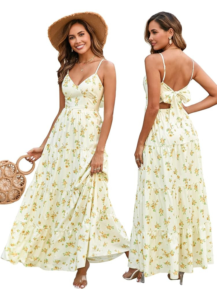 HTZMO Women Casual Summer Floral Maxi Sundress V Neck Spaghetti Strap Bow Tie Backless Flowy Boho... | Amazon (US)