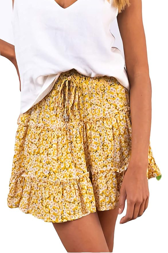 Alelly Women's Summer Cute High Waist Ruffle Skirt Floral Print Swing Beach Mini Skirt | Amazon (US)