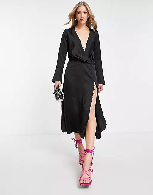 ASOS DESIGN Satin bias cut drape midi dress with button detail in black | ASOS (Global)