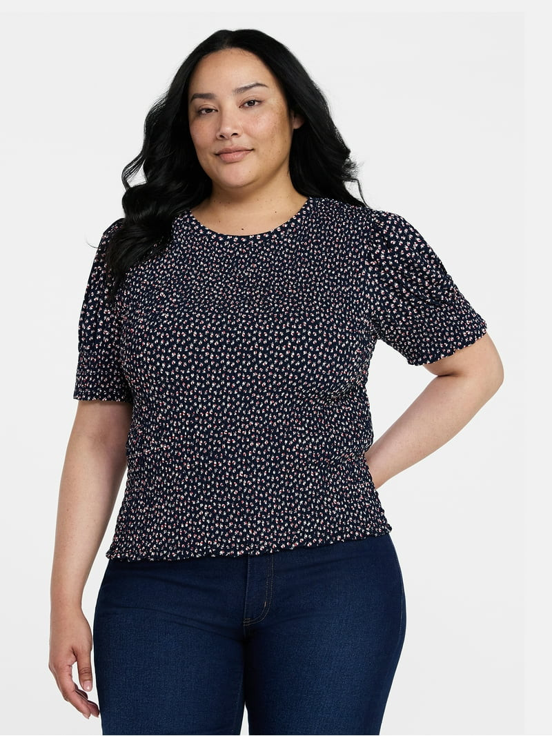 Time and Tru Women's Smocked Top with Short Puff Sleeves, Sizes XS-XXXL | Walmart (US)