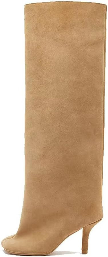 Suede Knee-High Boots with Slim High Heels Thumb-Shaped Square Toe No Zip Straight Wide Calf Fit ... | Amazon (US)