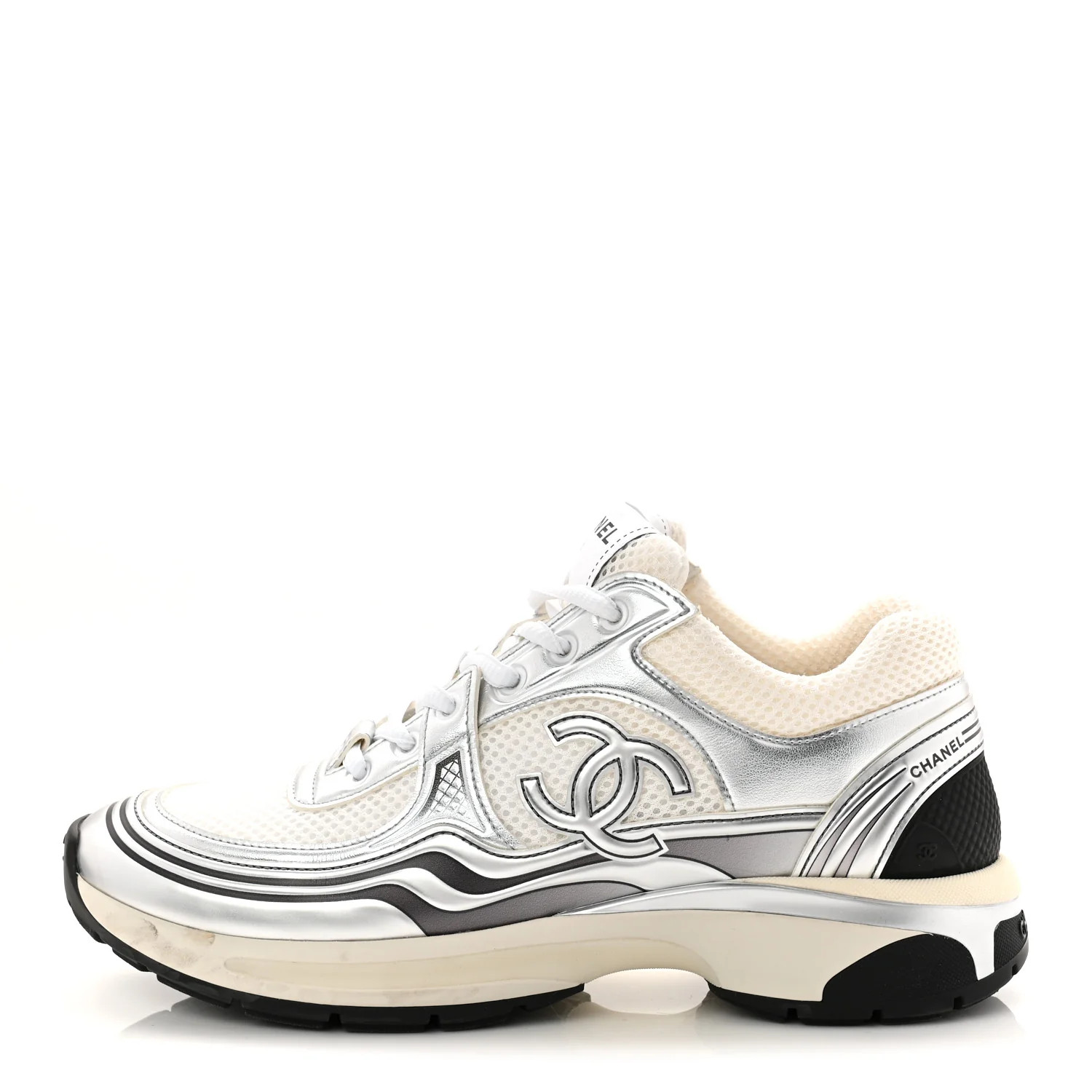 Fabric Laminated Calfskin Stretch CC Womens Sneakers 40 White Silver | FASHIONPHILE (US)