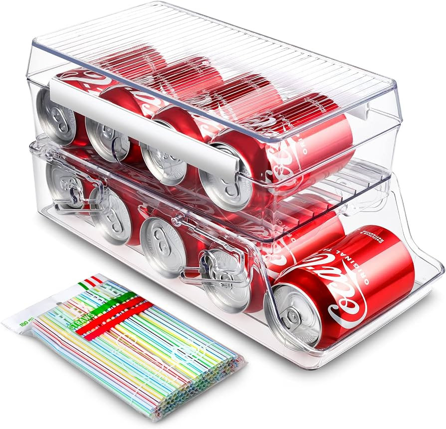 Anpro 2 Pack Soda Can Organizer for Refrigerator, 2-layer Stackable Beverage Dispenser with Lid, ... | Amazon (US)