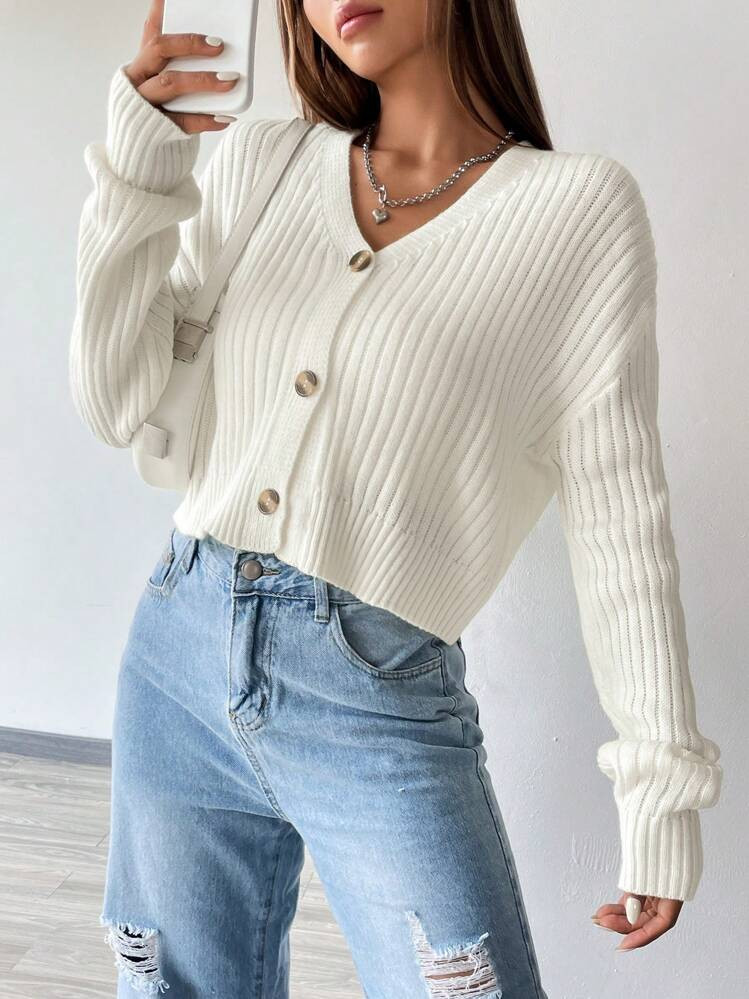 Flirla Drop Shoulder Ribbed Knit Drop Shoulder Cardigan | SHEIN