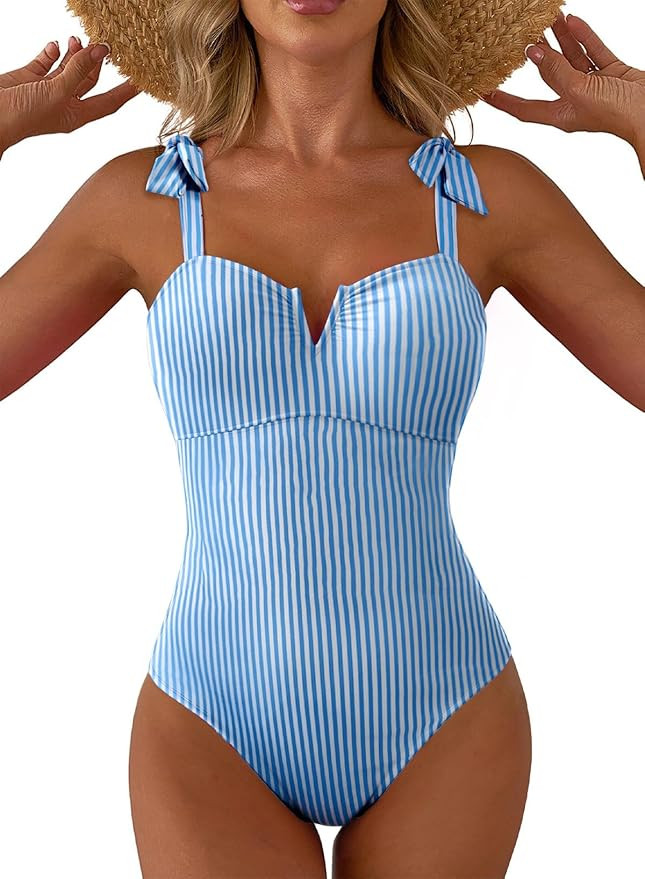 Aleumdr Women's One Piece Swimsuits Tummy Control Bathing Suits V Neck Boho Tie Shoulder Ruched F... | Amazon (US)