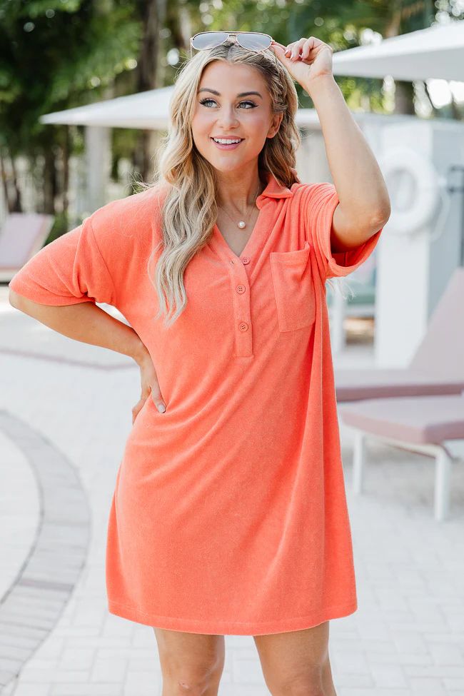 We're Better Together Coral Terry Button Front Tee Dress | Pink Lily