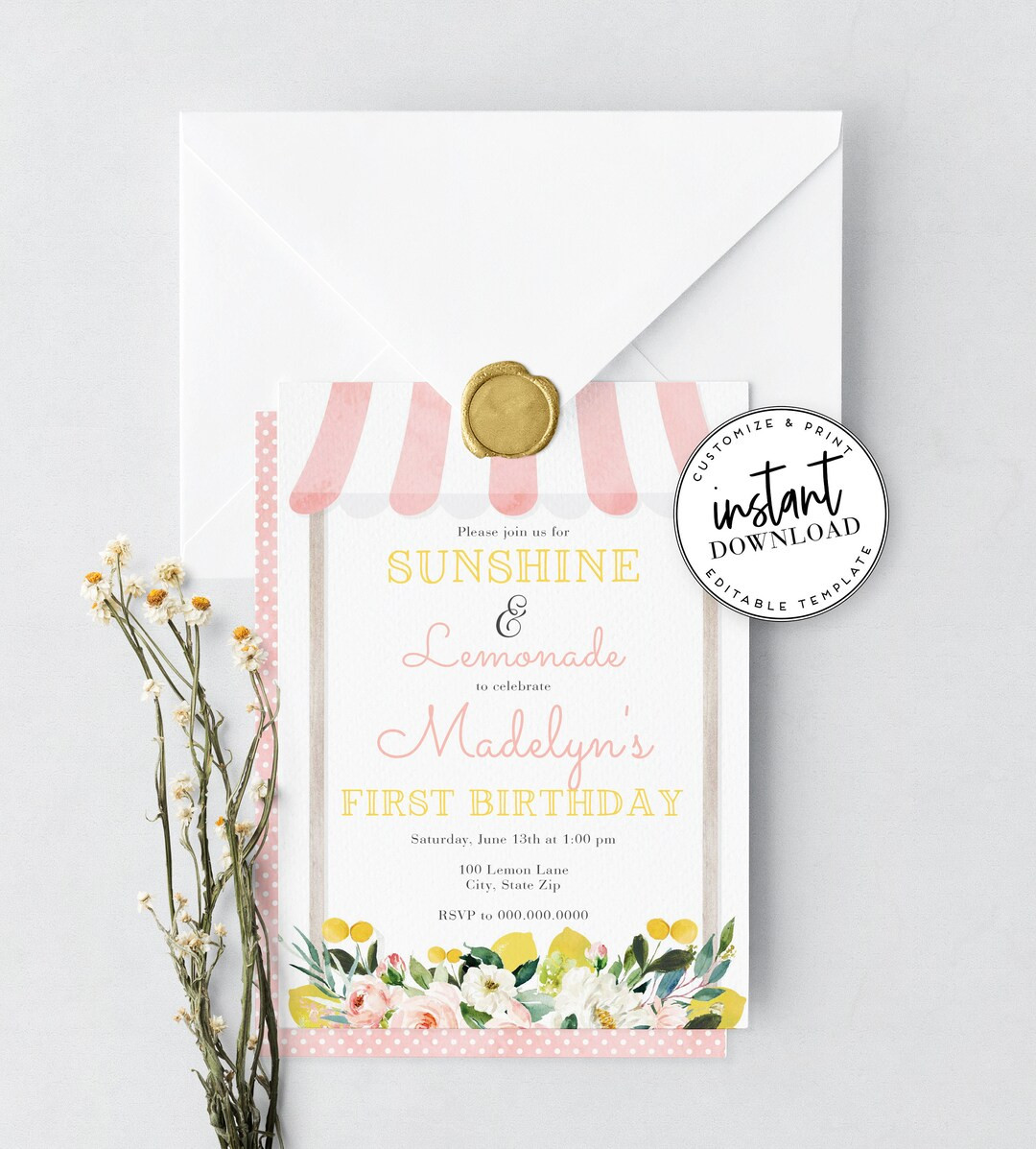 Lemonade Birthday Party Invitation, Pink Lemonade Birthday Invite Template, Summer Birthday Party... | Etsy (US)