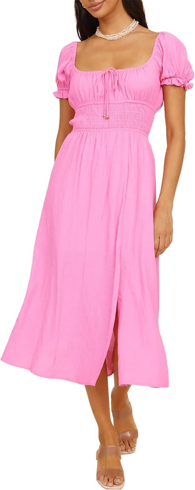 Women's Casual Square Neck Puff Sleeve Smocked Midi Dress High Waist Flowy Shirred Side Slit Beac... | Amazon (US)