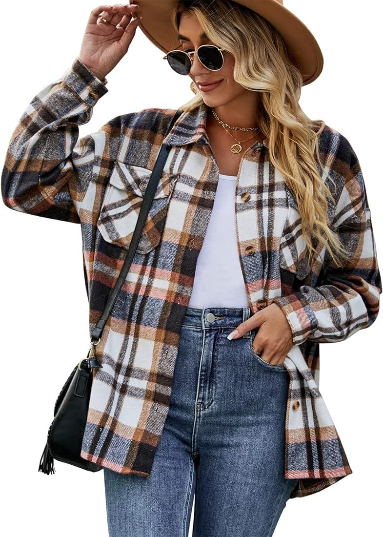 Basicspace Womens Casual Plaid Flannel Shirts Jackets Long Sleeve Lapel Button Down Fuzzy Shacket... | Amazon (CA)