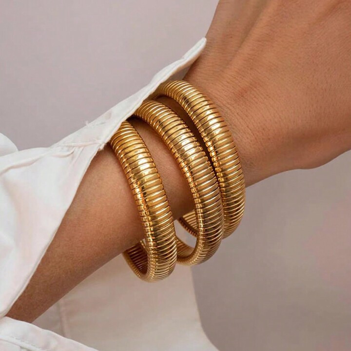 3PCS Golden/Silvery Bangles For Women Chunky Stretch Alloy Bangles Bracelets Flexible Wide Wristband Bracelets Set Of 3 Jewelry Gifts For Families And Friends,Mother Day Gift,Teacher Gifts | SHEIN