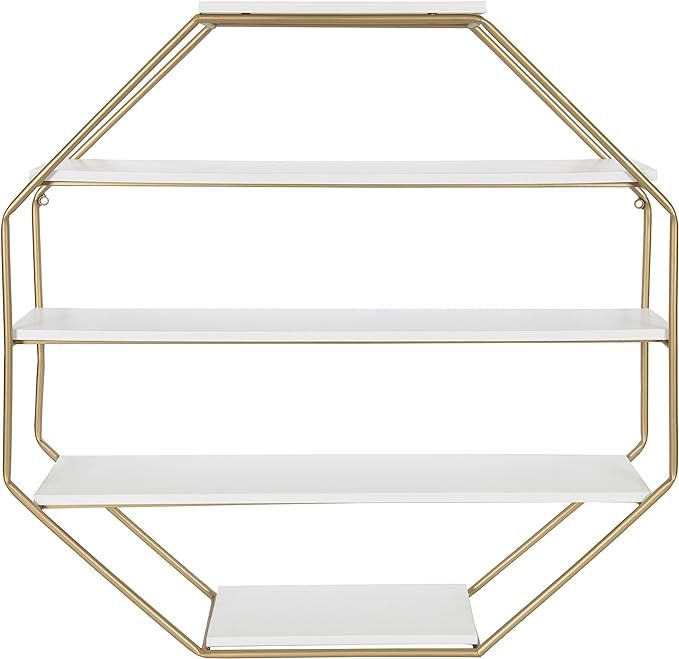 Kate and Laurel Lintz Large Modern Octagon Floating Wall Shelves with Metal Frame, Gold and White | Amazon (US)