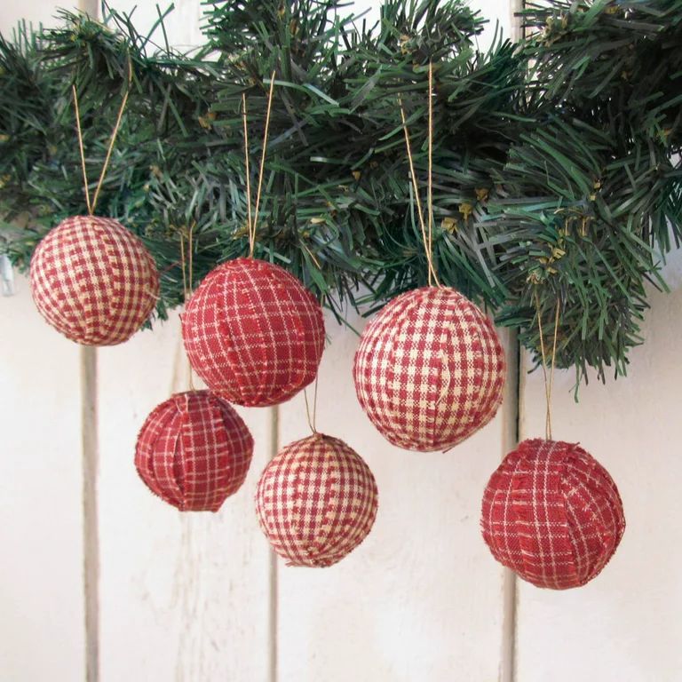 1.5" Primitive Red Plaid Homespun Fabric Christmas Ball Ornaments Set of 12 by JCS | Walmart (US)