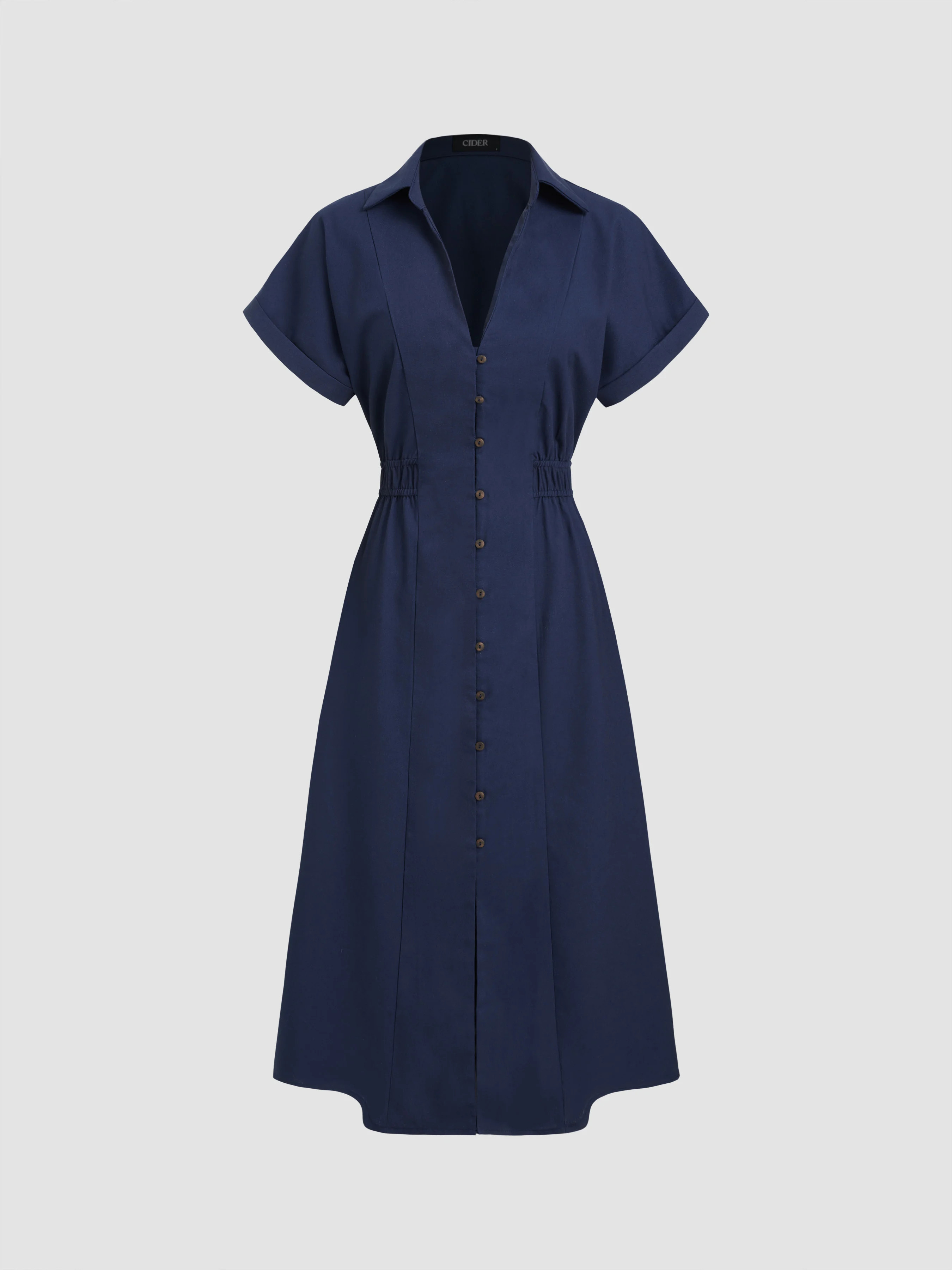 Linen-blend Collar Solid Shirred Button Midi Shirt Dress | Cider