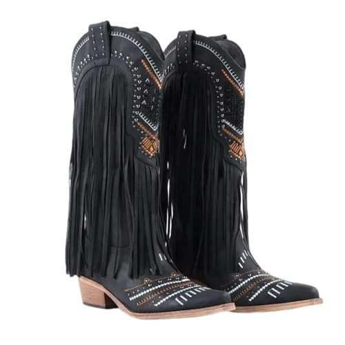 Shofrindy Fringe Cowboy Boots for Women Long Western Embroidered Tassal Black Cowgirl Boot Knee High Snip Toe Pull On Cow Boy Tall Shoes Size 10 | Amazon (US)