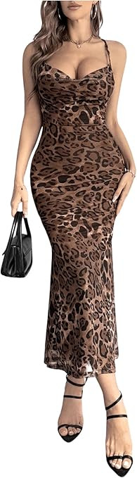 Floerns Women's Leopard Draped Halter Neck Dress Criss Cross Tie Back Party Midi Dress | Amazon (US)