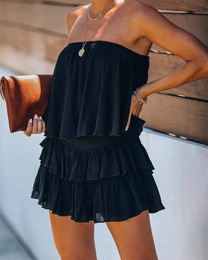 CHICME Women Sexy Off Shoulder Layered Ruffle Romper Sleeveless Backless Short Jumpsuit | Amazon (US)