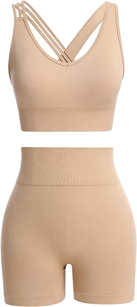 IMEKIS Women Workout Sets Yoga Outfit Seamless Crop Top Bra with High Waist Biker Shorts Tracksui... | Amazon (US)