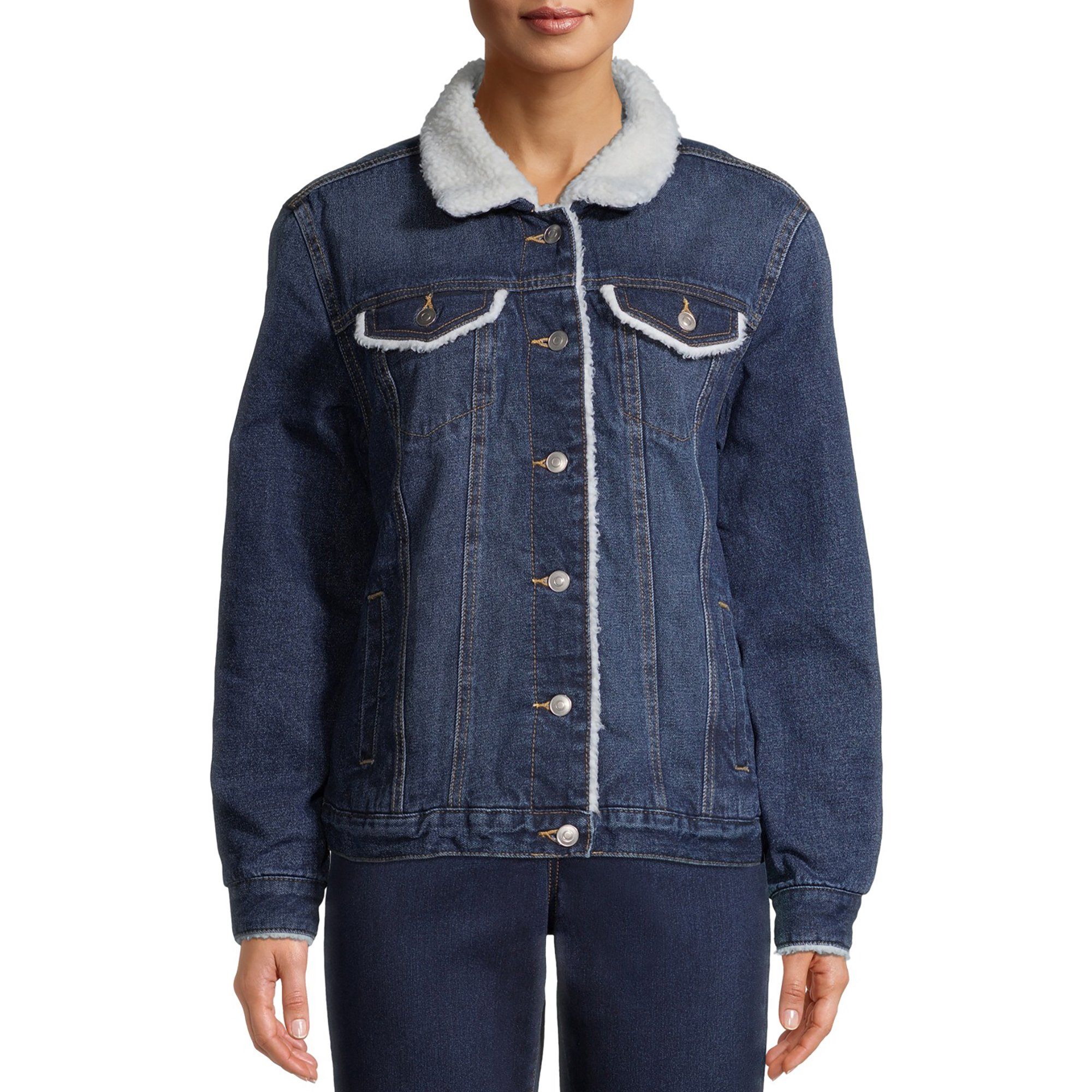 Time And Tru Women's Sherpa Lined Denim Medium Wash Jacket | Walmart (US)